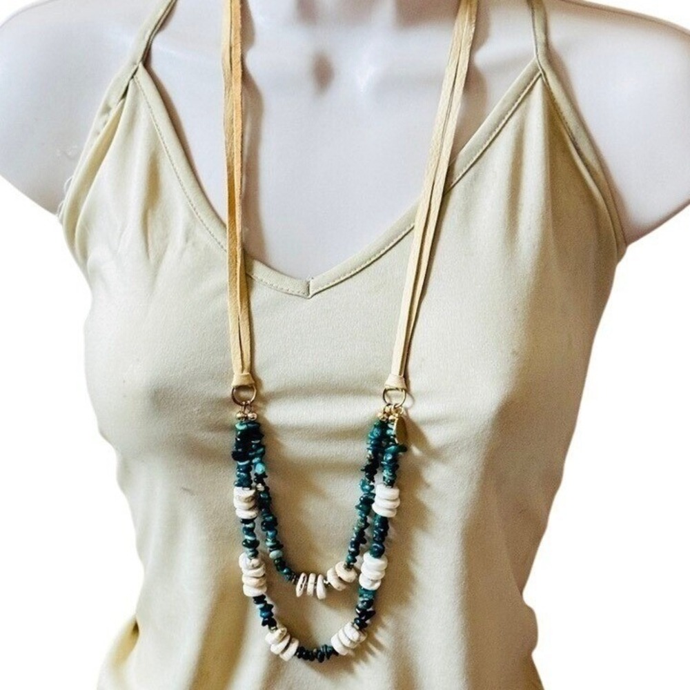 Perle by Lola Necklace Blue Turquoise Genuine beaded Collar Designer BOHO 43"L